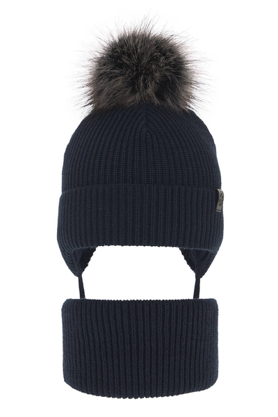 Boy's winter set: hat and tube scarf navy blue Honed with pompom