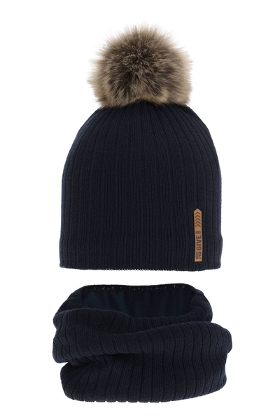 Boy's winter set: hat and tube scarf navy blue Kalen with pompom