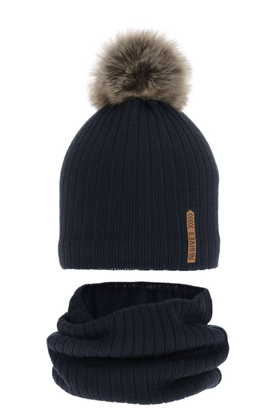 Boy's winter set: hat and tube scarf navy blue Kalen with pompom