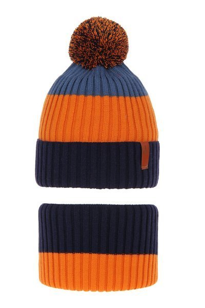 Boy's winter set: hat and tube scarf navy blue Karson with pompom