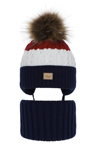 Boy's winter set: hat and tube scarf navy blue Maxwell with pompom