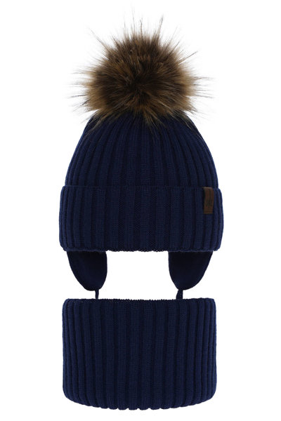 Boy's winter set: hat and tube scarf navy blue Puzel with pompom