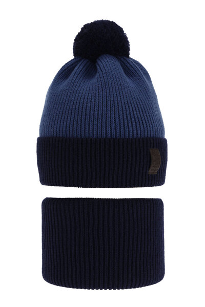 Boy's winter set: hat and tube scarf navy blue Raspi with pompom