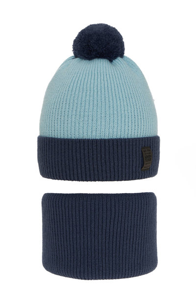 Boy's winter set: hat and tube scarf navy blue Raspi with pompom