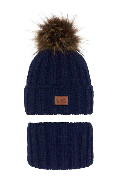 Boy's winter set: hat and tube scarf navy blue Remes with pompom