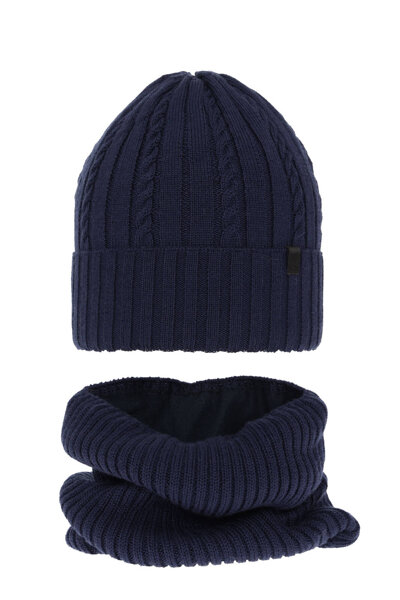 Boy's winter set: hat and tube scarf navy blue merino wool Kairo