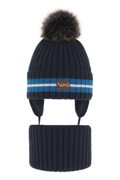 Boy's winter set: hat and tube scarf navy blue with pompom Echo