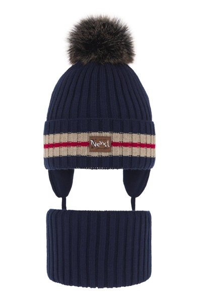 Boy's winter set: hat and tube scarf navy blue with pompom Echo