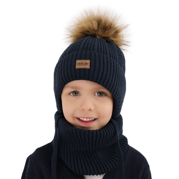 Boy's winter set: hat and tube scarf navy blue with pompom Eger