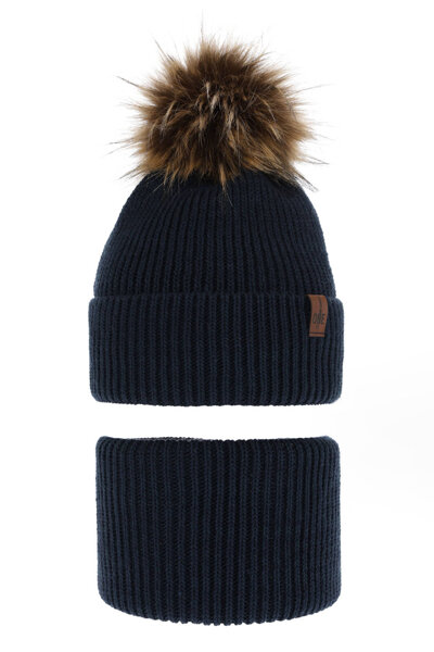 Boy's winter set: hat and tube scarf navy blue with pompom Modus