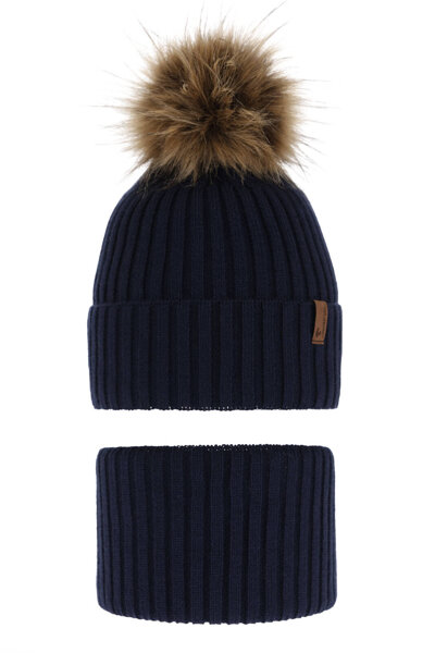 Boy's winter set: hat and tube scarf navy blue with pompom Onyks