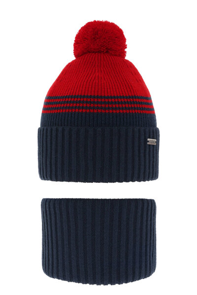 Boy's winter set: hat and tube scarf navy blue with pompom Pallas