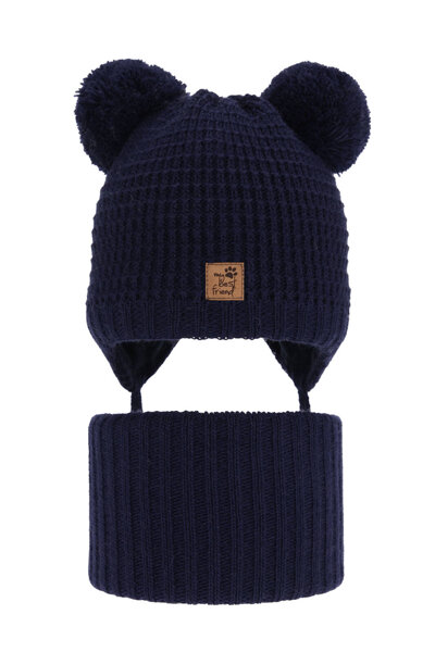 Boy's winter set: hat and tube scarf navy blue with two pompoms Krispi