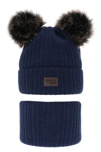 Boy's winter set: hat and tube scarf navy blue with two pompoms Tokio