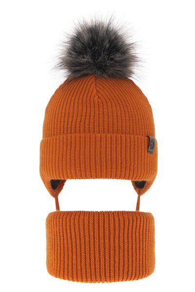 Boy's winter set: hat and tube scarf orange Honed with pompom