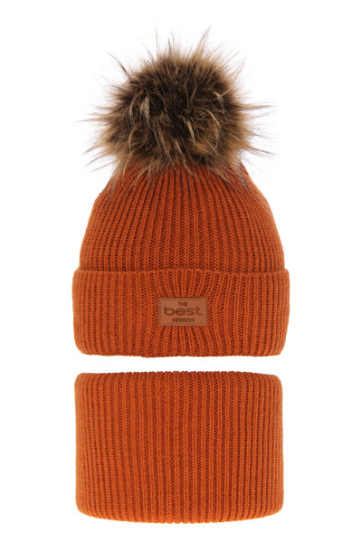 Boy's winter set: hat and tube scarf orange Opal with pompom