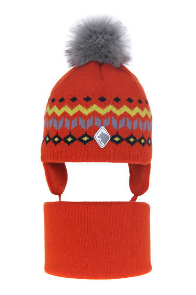 Boy's winter set: hat and tube scarf orange Tristan with pompom