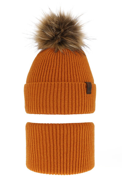 Boy's winter set: hat and tube scarf orange with pompom Modus