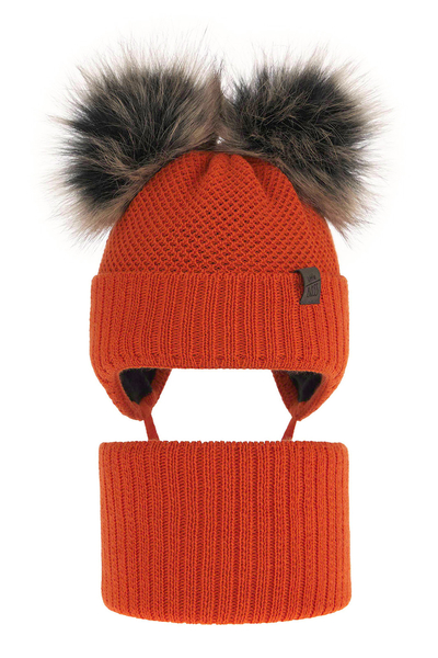 Boy's winter set: hat and tube scarf red Randel with two pompom