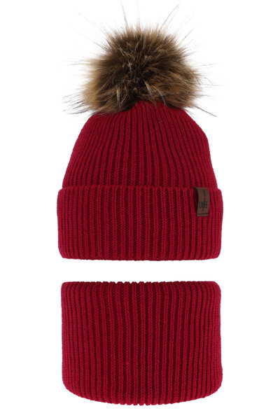Boy's winter set: hat and tube scarf red with pompom Modus