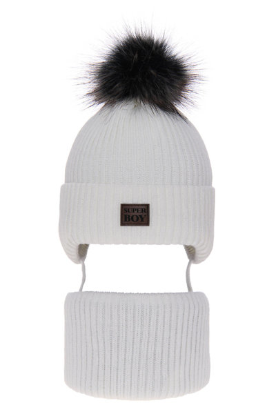 Boy's winter set: hat and tube scarf white Denzel with pompom