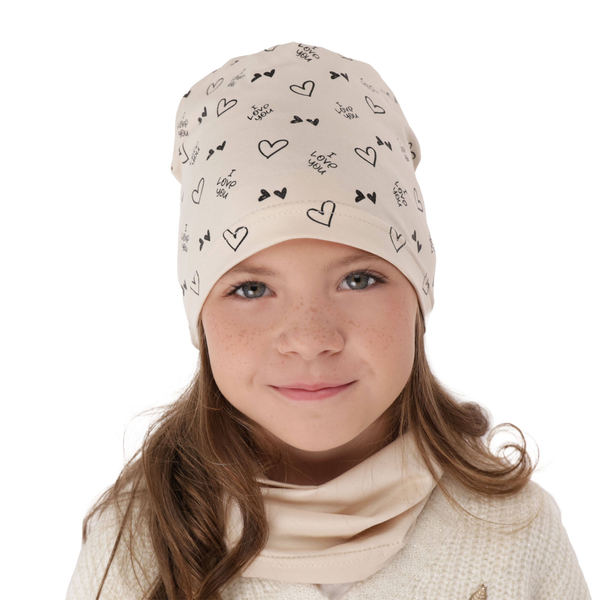 Girl's spring/ autumn cotton set: hat and tube scarf beige Lovena