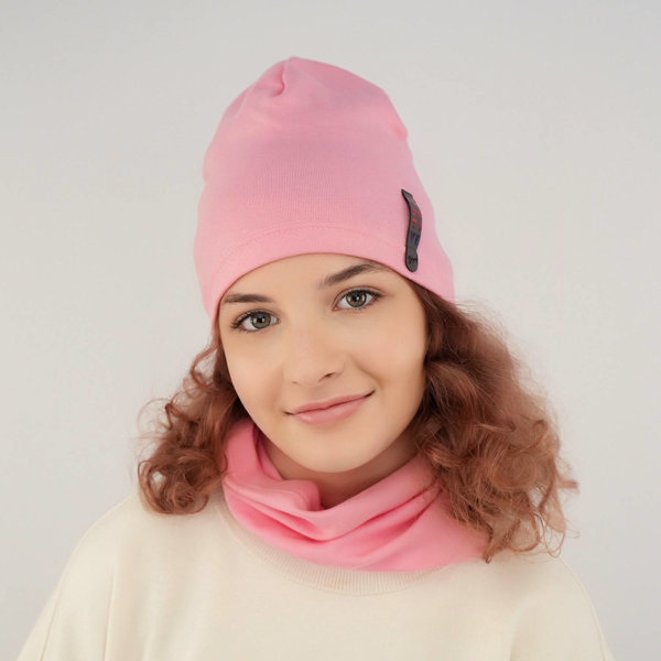 Girl's spring/ autumn set: hat and tube scarf pink Flores