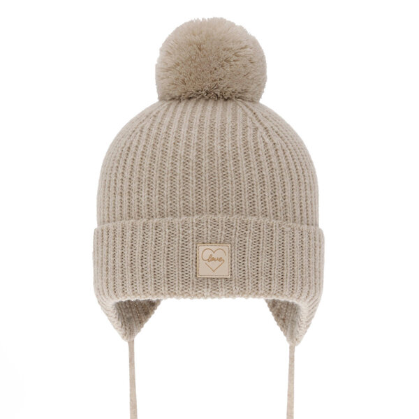 Girls' winter hat beige 100% extra fine merino wool, lined with wool fleece Havana