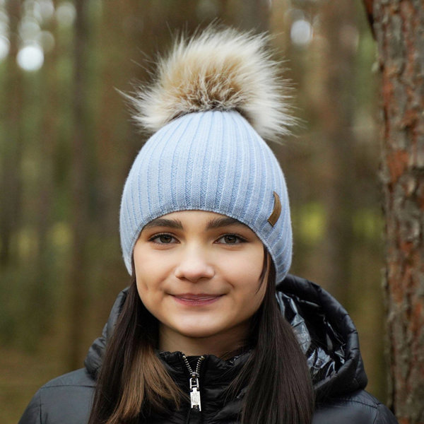 Girl's winter hat light blue Werbena with pompom