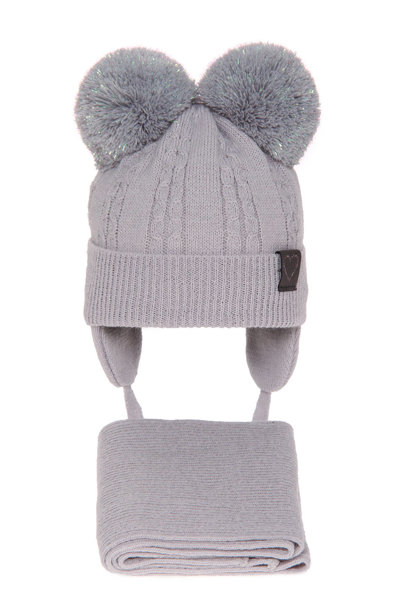 Girl's winter set: hat and grey Rozi with two pompom