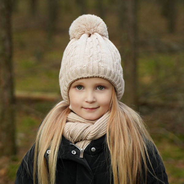 Girl's winter set: hat and scarf beige Candy with pompom