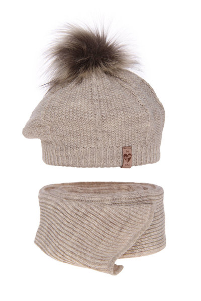 Girl's winter set: hat and scarf beige Elif with pompom