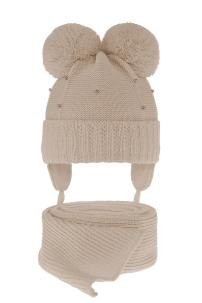 Girl's winter set: hat and scarf beige Fibien with two pompom								