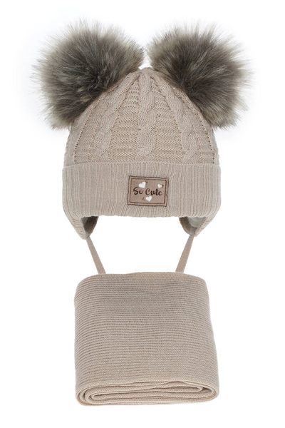 Girl's winter set: hat and scarf beige Klarita with two pompom