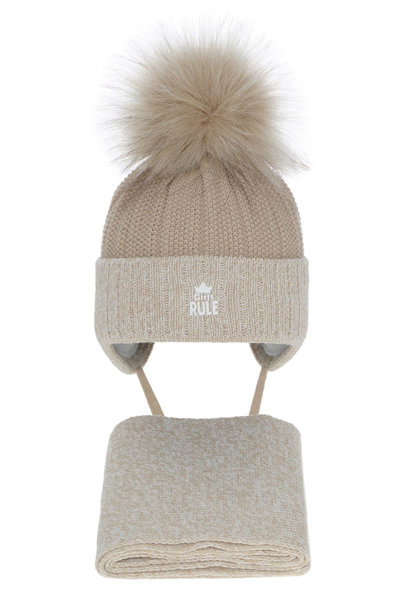 Girl's winter set: hat and scarf beige Sindi with pompom