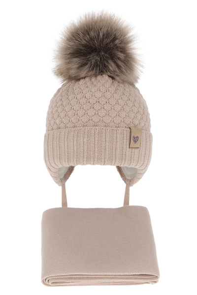 Girls winter set hat and scarf beige with pompom Bianca