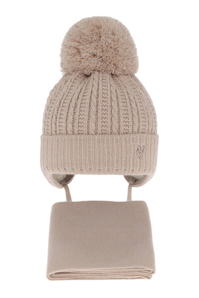 Girl's winter set: hat and scarf beige with pompom Marisa