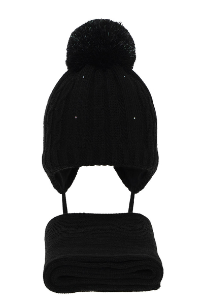 Girl's winter set: hat and scarf black Candy with pompom