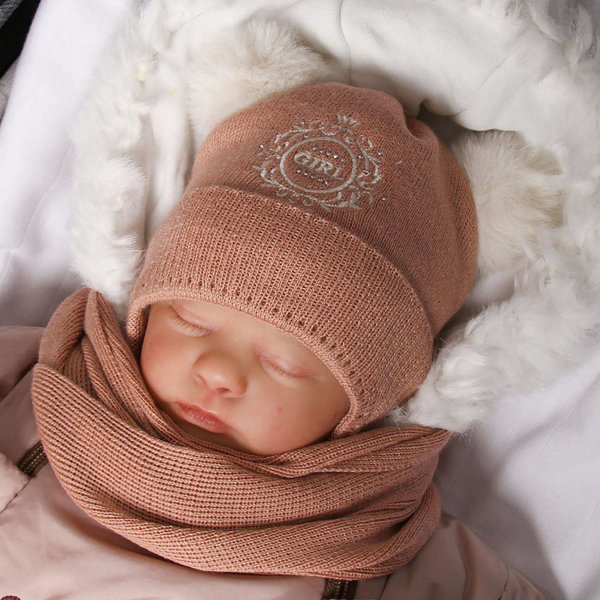 Girl's winter set: hat and scarf brown Umbra with two pompom wool