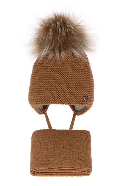 Girl's winter set: hat and scarf camel Aimi with pompom