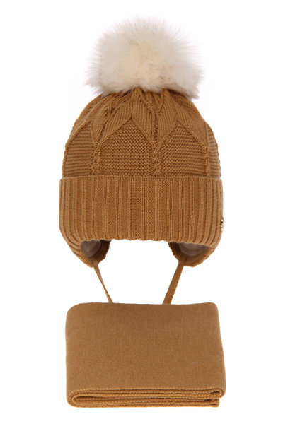 Girl's winter set: hat and scarf camel Altina with pompom