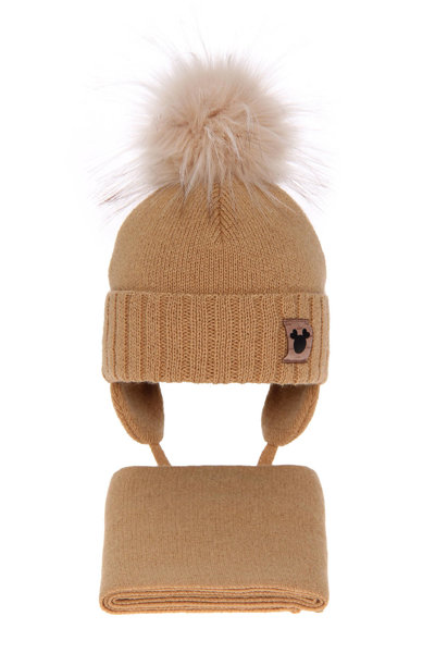 Girl's winter set: hat and scarf camel Tendi with pompom