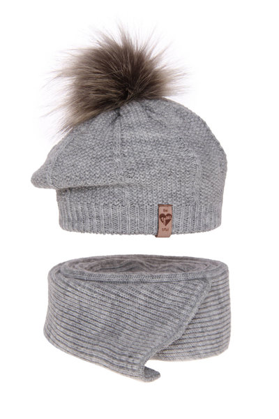 Girl's winter set: hat and scarf grey Elif with pompom