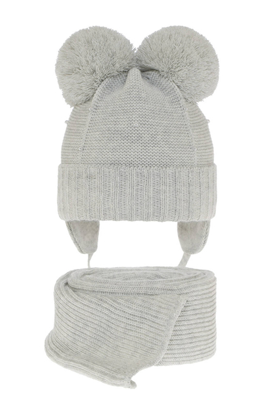 Girl's winter set: hat and scarf grey Fibien with two pompom								