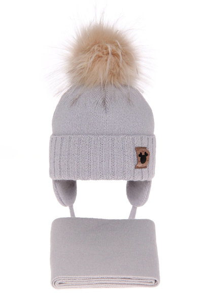 Girl's winter set: hat and scarf grey Tendi with pompom