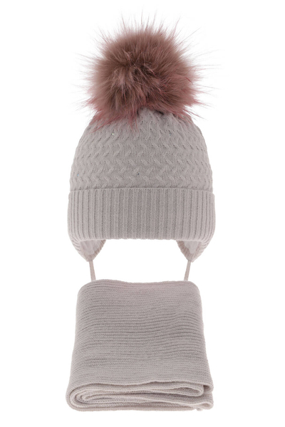 Girl's winter set: hat and scarf grey with pompom Zelta