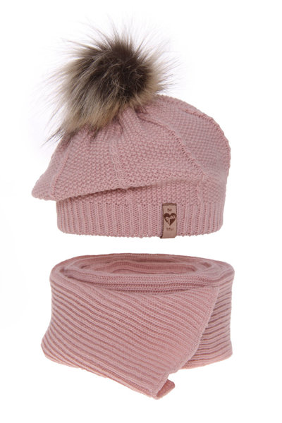 Girl's winter set: hat and scarf pink Elif with pompom