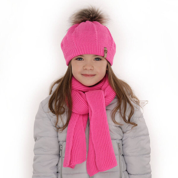 Girl's winter set: hat and scarf pink Elif with pompom