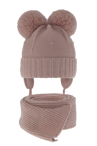 Girl's winter set: hat and scarf pink Fibien with two pompom								