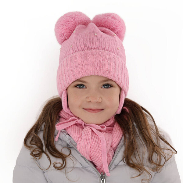 Girl's winter set: hat and scarf pink Fibien with two pompom								